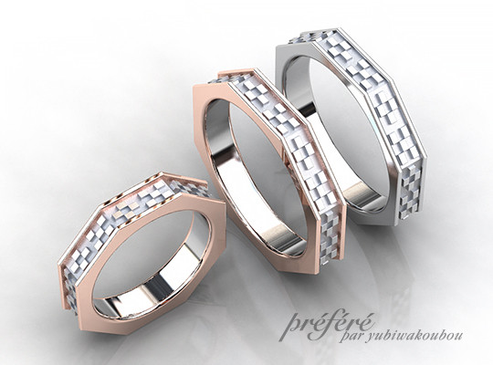 ミンサー柄を入れた８角形の結婚指輪