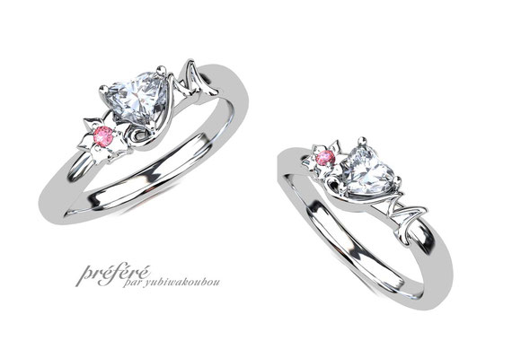 梨の花とイニシャルを入れたハートのダイヤの婚約指輪